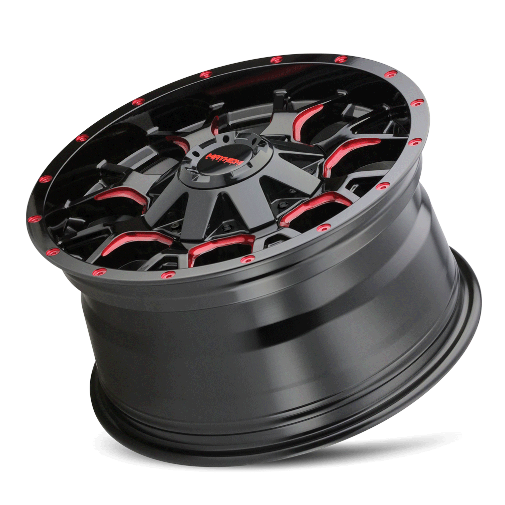 MAYHEM WARRIOR 8015 GLOSS BLACK MILLED PRISM RED 18X9 8-180 18MM 124.1MM - Image 3