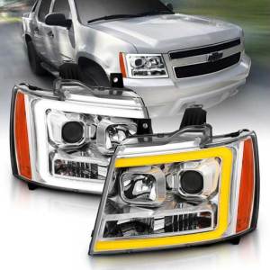 ANZO 07-14 TAHOE/SUBURBAN/AVALANCHE PROJECTOR HEADLIGHTS W/PLANK STYLE DESIGN CHROME W/AMBER