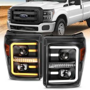 ANZO 11-16 F250/F350/F450 PROJECTOR HEADLIGHTS W/ PLANK STYLE SWITCHBACK BLACK W/ AMBER PAIR