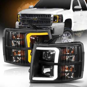ANZO 07-13 SILVERADO 1500/2500/3500 PROJECTOR HEADLIGHTS W/ PLANK STYLE SWITCHBACK BLACK W/ AMBER PAIR