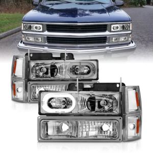 ANZO 95-99 TAHOE/92-99 SUBURBAN/YUKON CRYSTAL HEADLIGHTS W/HALO CHROME HOUSING W/SIGNAL/SIDE MARKERS 8PC