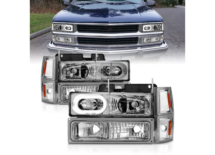 ANZO 95-99 TAHOE/92-99 SUBURBAN/YUKON CRYSTAL HEADLIGHTS W/HALO CHROME HOUSING W/SIGNAL/SIDE MARKERS 8PC