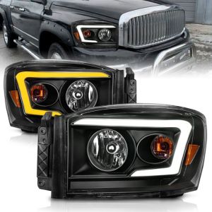 ANZO 06-09 RAM 1500/2500/3500 CRYSTAL HEADLIGHT W/LIGHT BAR SWITCHBACK BLACK HOUSING CLEAR LENS