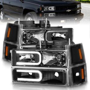 ANZO 95-99 TAHOE/92-99 SUBURBAN/YUKON CRYSTAL HEADLIGHTS W/LIGHTBAR BLK HOUSING W/SIGNAL SIDE MARKERS 8PC