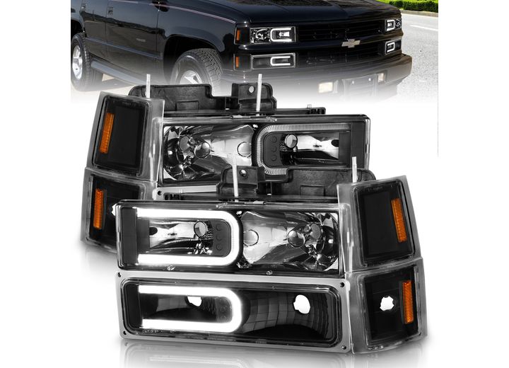 ANZO 95-99 TAHOE/92-99 SUBURBAN/YUKON CRYSTAL HEADLIGHTS W/LIGHTBAR BLK HOUSING W/SIGNAL SIDE MARKERS 8PC