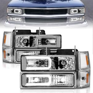 ANZO 95-99 TAHOE/92-99 SUBURBAN/YUKON CRYSTAL HEADLIGHTS W/LIGHTBAR CRM HOUSING W/SIGNAL/SIDE MARKERS 8PC