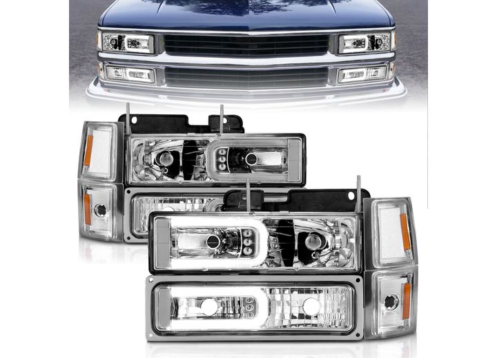 ANZO 95-99 TAHOE/92-99 SUBURBAN/YUKON CRYSTAL HEADLIGHTS W/LIGHTBAR CRM HOUSING W/SIGNAL/SIDE MARKERS 8PC