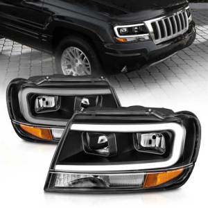 ANZO 99-04 GRAND CHEROKEE CRYSTAL HEADLIGHTS W/LIGHT BAR BLACK HOUSING