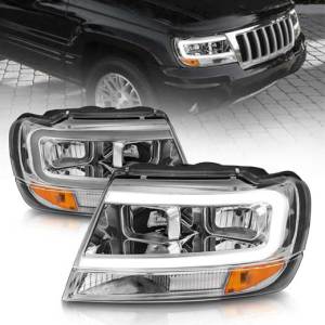 ANZO 99-04 GRAND CHEROKEE CRYSTAL HEADLIGHTS W/LIGHT BAR CHROME HOUSING