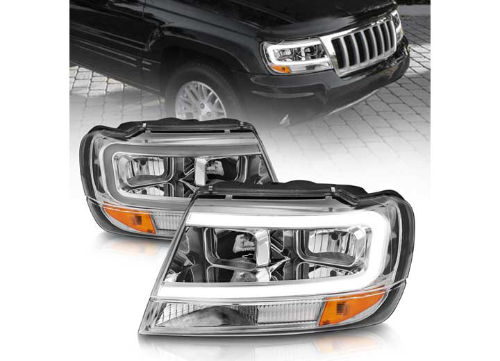 ANZO 99-04 GRAND CHEROKEE CRYSTAL HEADLIGHTS W/LIGHT BAR CHROME HOUSING