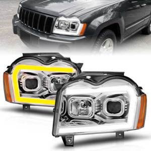ANZO 05-07 GRAND CHEROKEE PROJECTOR HEADLIGHTS W/LIGHT BAR SWITCHBACK CHROME HOUSING