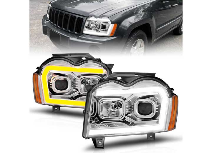 ANZO 05-07 GRAND CHEROKEE PROJECTOR HEADLIGHTS W/LIGHT BAR SWITCHBACK CHROME HOUSING