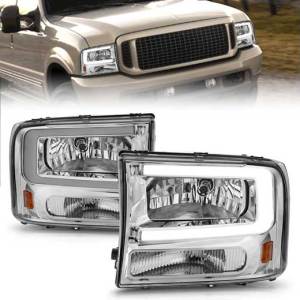 ANZO 00-04 EXCURSION/99-04 F250/F350/F450 CRYSTAL HEADLIGHTS W/LIGHT BAR CHROME HOUSING