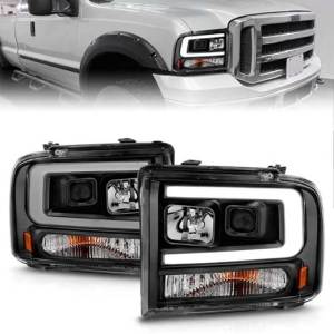 ANZO 05-05 EXCURSION/05-07 F250/F350/F450/F550 PROJECTOR HEADLIGHTS W/LIGHT BAR BLACK HOUSING
