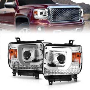 ANZO 14-15 SIERRA 1500 BASE/SLE/15-19 SIERRA 2500/3500HD BASE SLE PLANK PROJ HEADLIGHT CHROME HOUSING